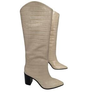 SCHUTZ Cream Beige Pointed Toe Block Heel Knee High Embossed Leather Boots 9.5